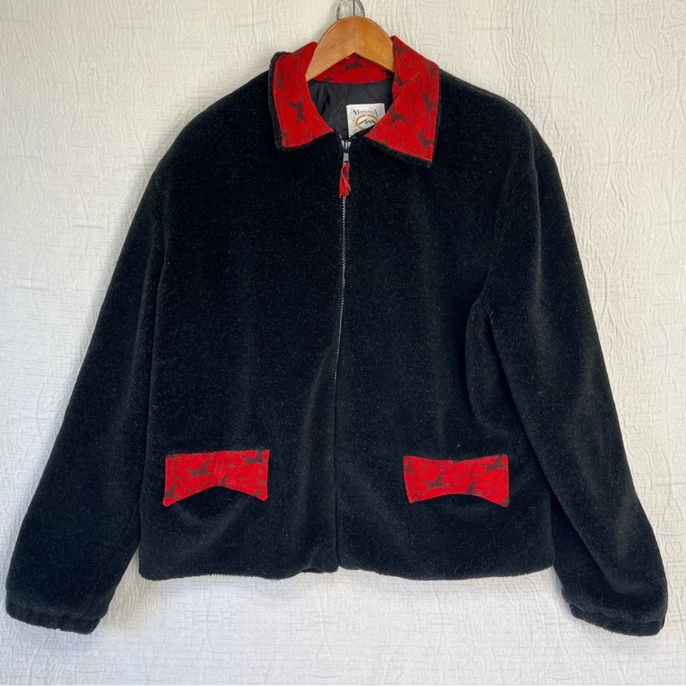 Montana Coat Company Womens Large Black Fleece Teddy Jacket Leather Horse Trim L